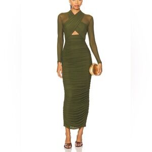 Bardot Aliyah Long Midi Dress in Dark Khaki
